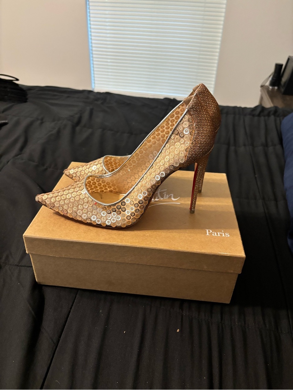 Christian Louboutin Gold Sequin Pointed Toe Stiletto Pumps